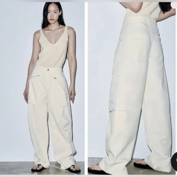 Zara Pants - Zara The Relaxed Utility Pants In ECRU Signature Denium Cargo Size 14